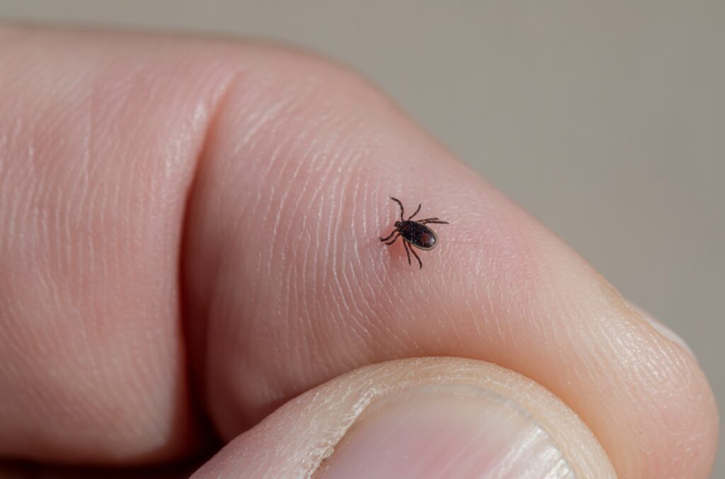 A tick on a person's finger