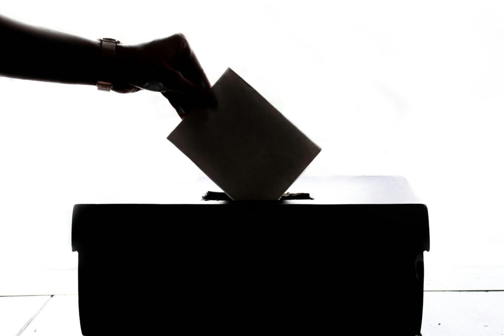a person putting a ballot in a box